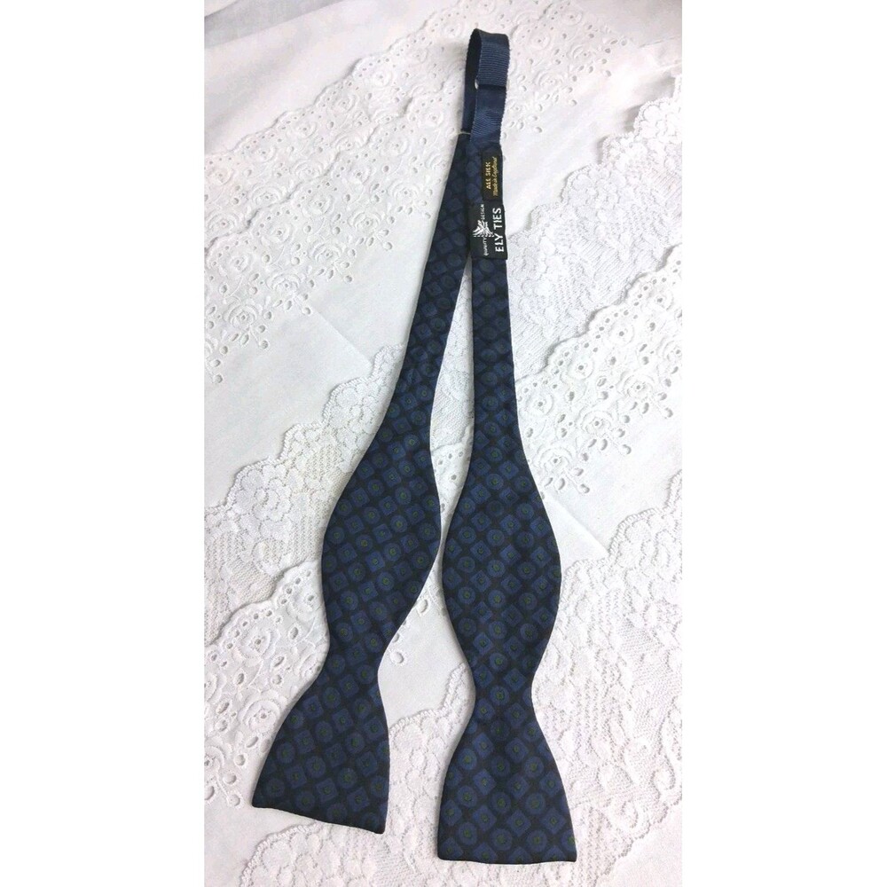 Vtg Ely Ties Of England Silk Bow Tie Blue Black & Gold Circles Business Hipster
